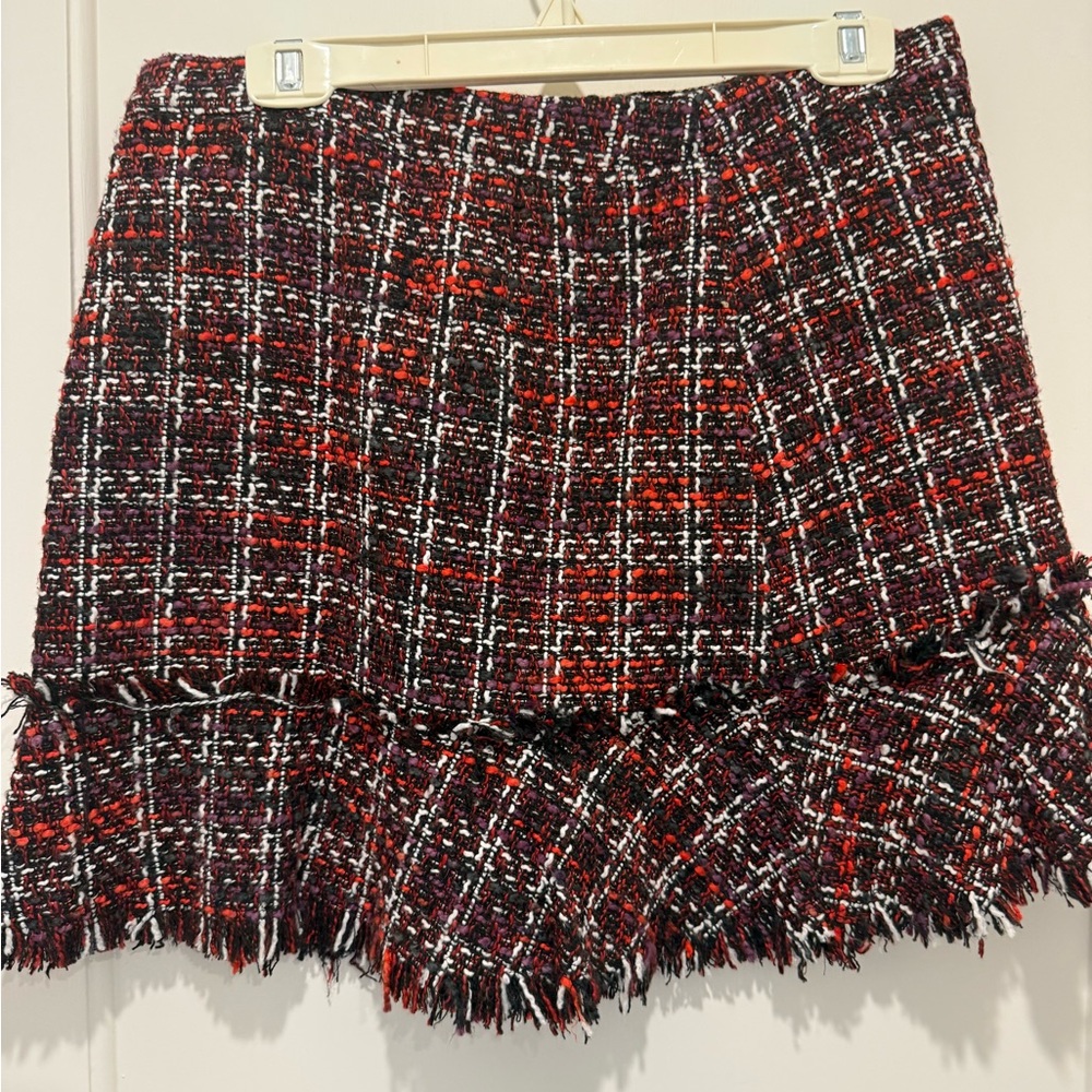 Naked Zebra Red, Black & White Tweed Fringe Mini Skirt